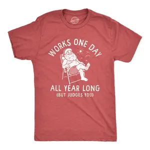 Mens Works One Day All Year Long T Shirt Funny Xmas Lazy Santa Joke Tee for Guys Mens Funny T Shirts Cool Vintage Fashion T-Shirt Gift Classic Menswear Christmas Apparel for Men Funny Sarcastic Short Sleeve Red -