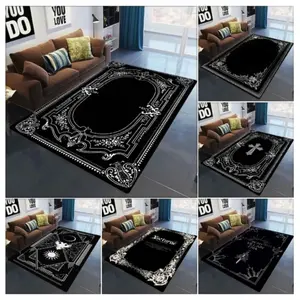 Gothic Black & White Ornate Area Rug, Decorative Rug - Vintage Baroque Frame & Occult Pattern Soft Flannel Mat for Gothic Home Decor Vintage Boho Rug
