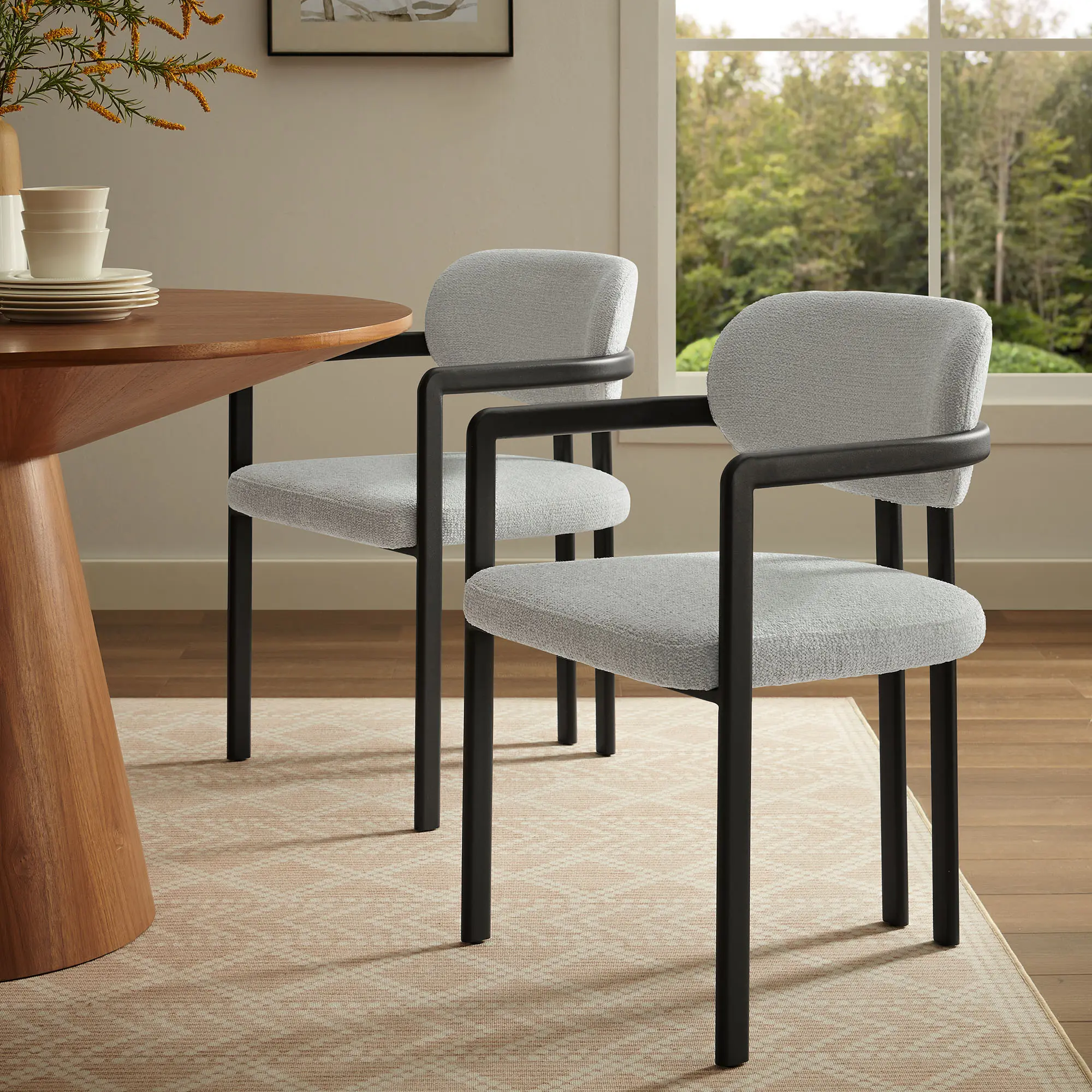 Elio Barrel Fabric and Metal Dining Chair in Black Dove Gray