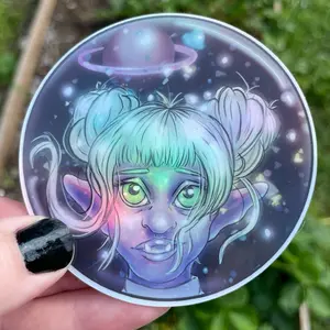 Space troll girl cute troll in a galaxy space helmet glossy holographic water resistant vinyl 3in for water bottles, phone cases, laptops, sticker bombing, and sticker journals