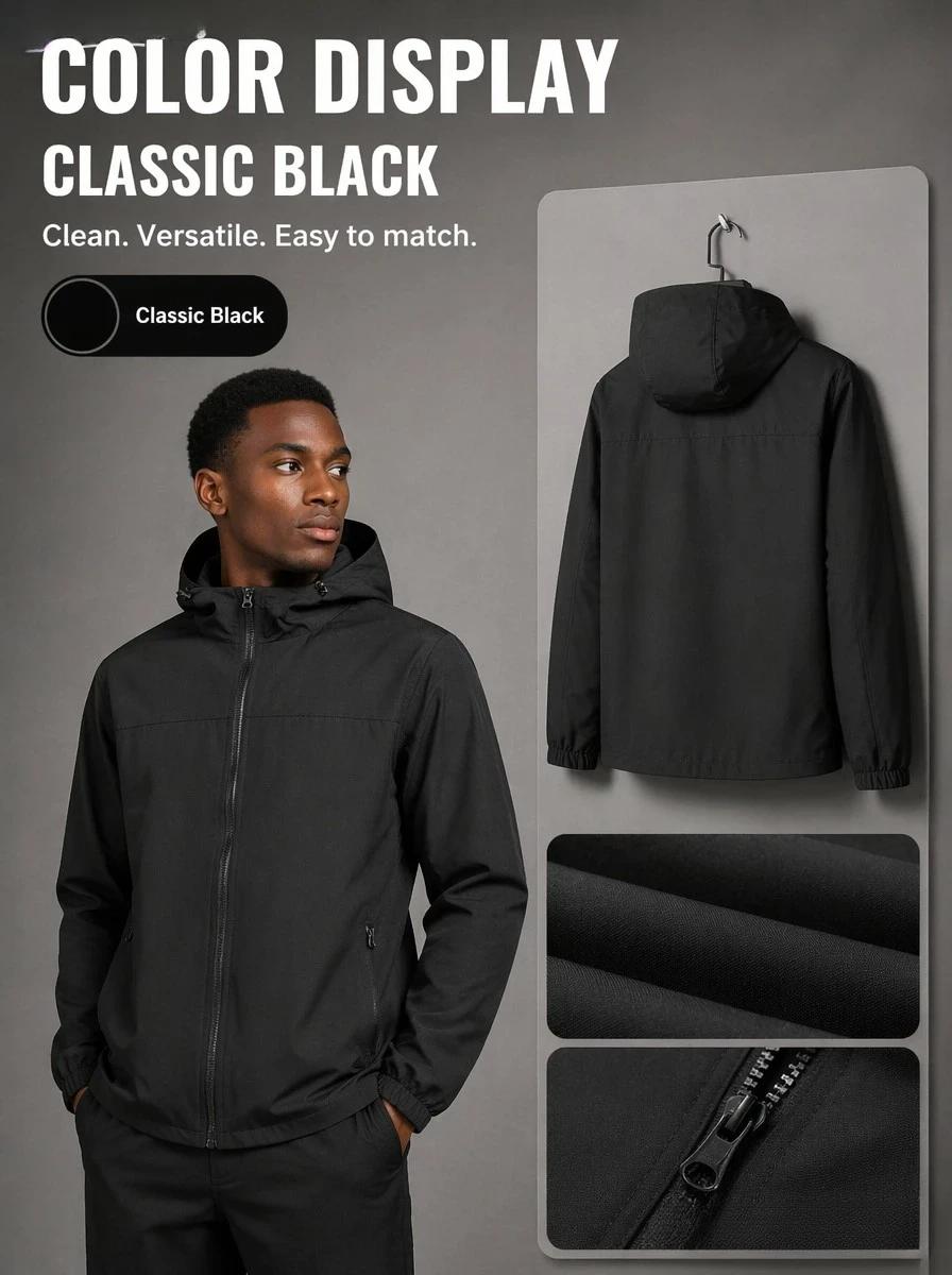 Men’s solid-color windproof hooded jacket with drawstring and zipper; casual long-sleeve jacket with zippered pockets; four-season men’s outerwear; casual-style jacket; men’s mountaineering sports jacket