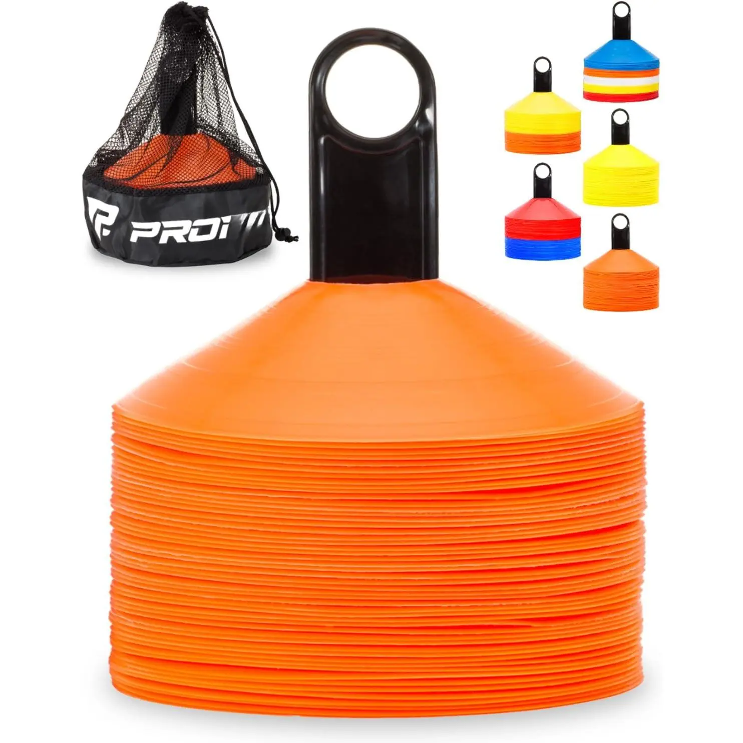 Pro Disc Cones (Set of 50) - Agility Soccer Cones with Carry Bag and Holder  Sports Training, Football, Basketball, Coaching, Practice Equipment, Kids - Includes 15 Best Cone Drills Book