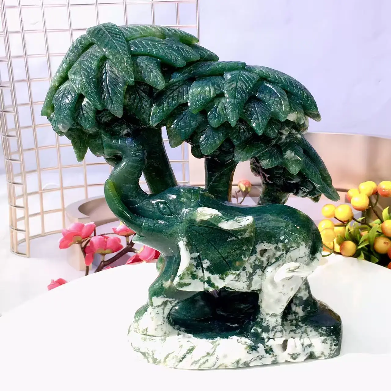 Moss Agate Elephant Figurine, Hand Carved Gemstone Statue, Good Luck Healing Crystal Ornament for Home Office Desk Decor, Natural Look, Animal, Home Ornament, Healing Natural Crystal Decorations, Collectibles