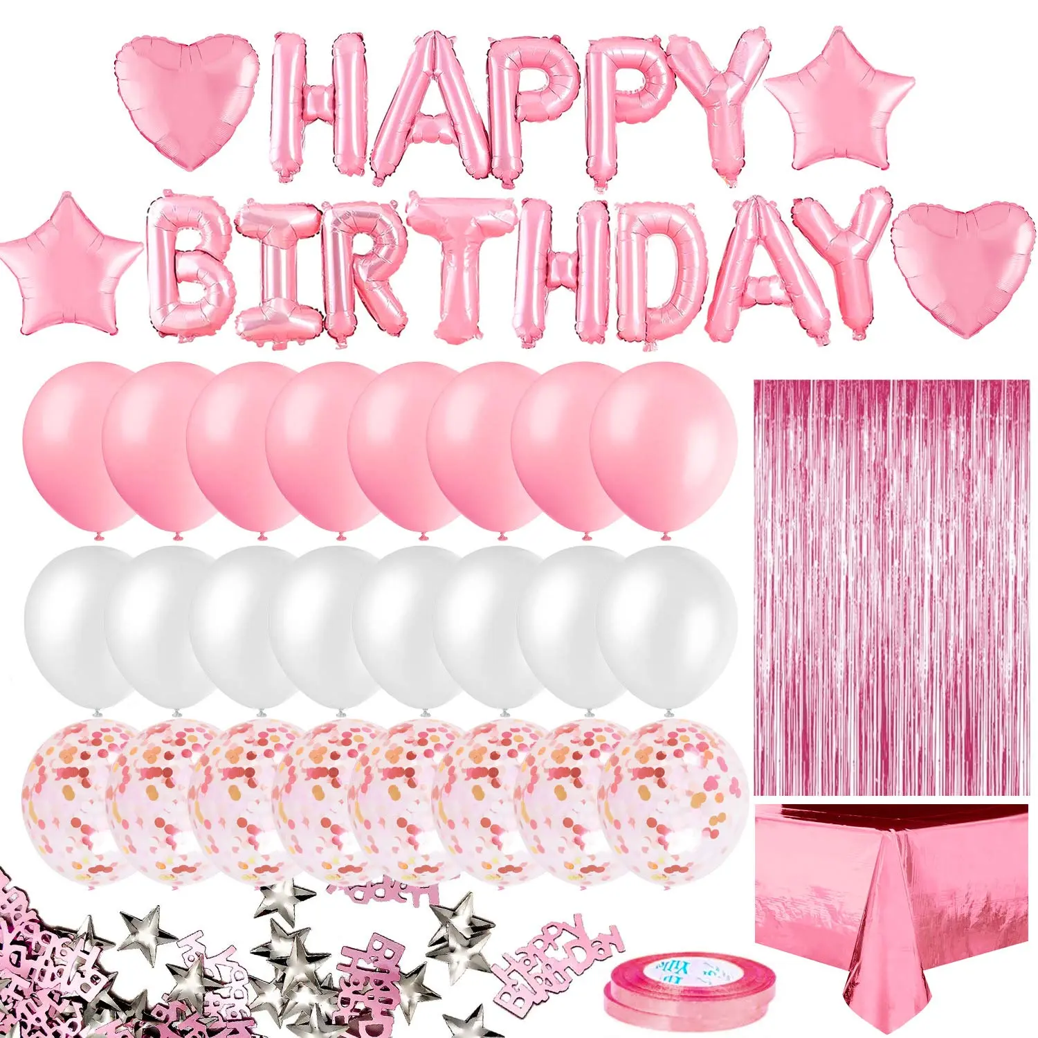 Pink Birthday Party Decorations Set – Happy Birthday Banner, Rose Gold Fringe Curtain, Foil Tablecloth, Heart & Star Confetti Balloons for Women & Girls Parties