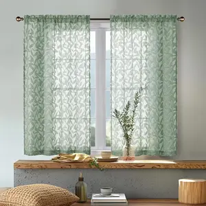 2 Panels Green Sheer Curtains 45 Inch Length, Jacquard Clip Textured Semi Small Window Curtain Bedroom Living Room, Farmhouse Pocket Leaves Drapes, 40Wx45L Inches shower curtain liner pattern bathroom decor set