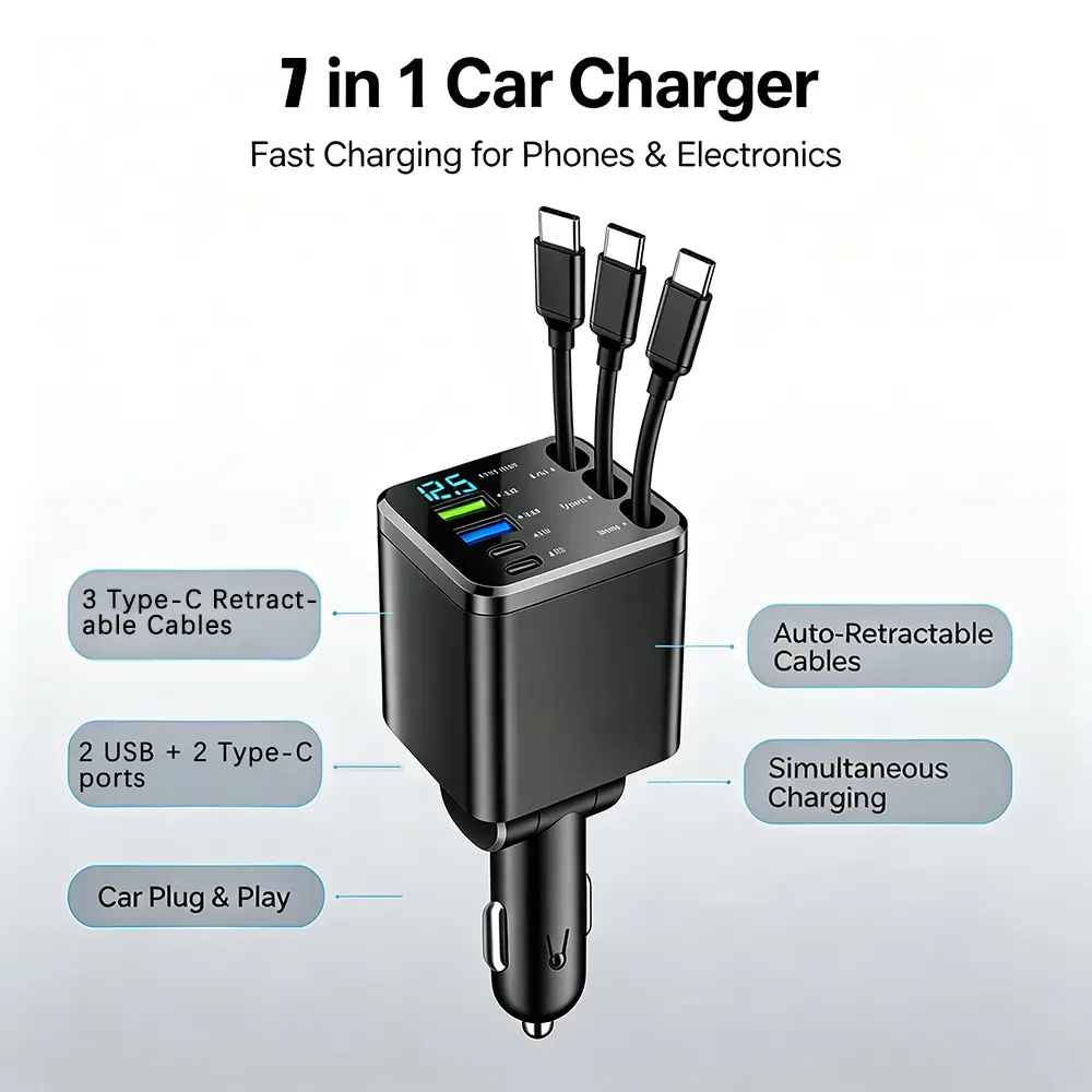 7-in-1 Fast Charge Car Phone Charger - 12-24V DC Automotive Fast Charging Solution, 3 Retractable Type-C Cables, 2 USB + 2 PD Ports, 180° Adjustable Angle, LED Smart Real-Time Digital Display, On-the-Go PD Support, Multi-Port Fusible Power Hub