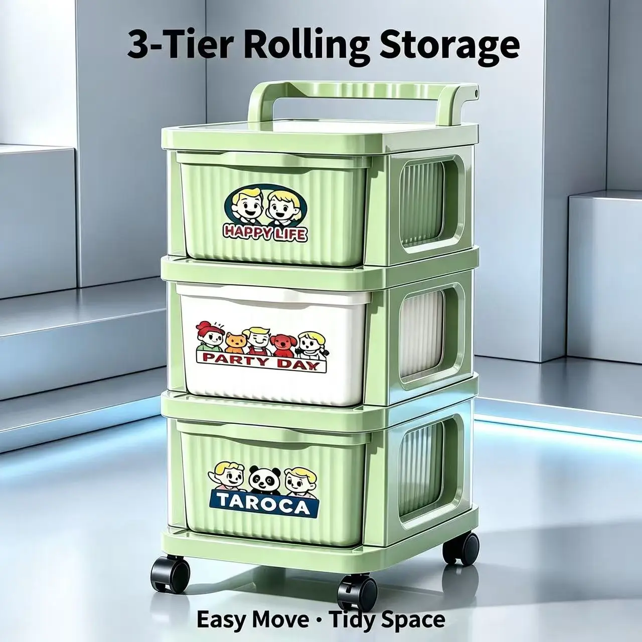 3-Tier Rolling Drawer Storage Cart, Heavy-Duty PP Organizer Trolley with Silent Wheels & Handle, Tool-Free Assembly, Space-Saving for Bedroom & Playroom (Toys, Sundries Storage)