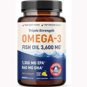 Triple Strength Omega 3 Fish Oil 3600 mg | EPA & DHA | Over 2100mg Omega-3 Fatty Acids | 1300mg EPA + 860mg DHA | Best Essential Fatty Acids | Premium Wild Caught & Burpless Fish Oil | 180 Ct