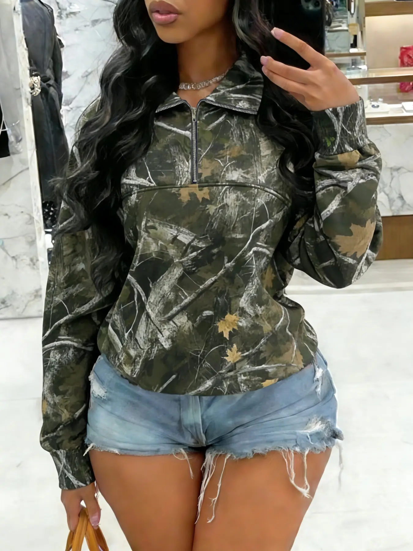 Women's Loose-Fitting Long Sleeve Zip-Up Collared Hoodie with Camo Print, Casual Basic Womenswear Back to School Sweater Sweatshirts, Fashion Casual Sweatshirt for Fall & Winter, Perfect Teacher Attire