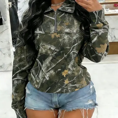 Women's Loose-Fitting Long Sleeve Zip-Up Collared Hoodie with Camo Print, Casual Basic Womenswear Back to School Sweater Sweatshirts, Fashion Casual Sweatshirt for Fall & Winter, Perfect Teacher Attire, Trendy Hoodie Sweatshirt