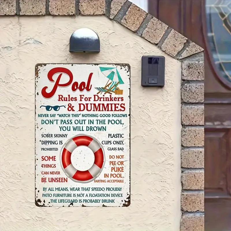 1pc Aluminum Vintage Pool Rules Sign 8x12 Inch Rustic Wall Art Decorative Sign for Home Decor Weather Resistant Outdoor Indoor Decoration with Funny Safety Guidelines Pool Party Supplies Metal Sign