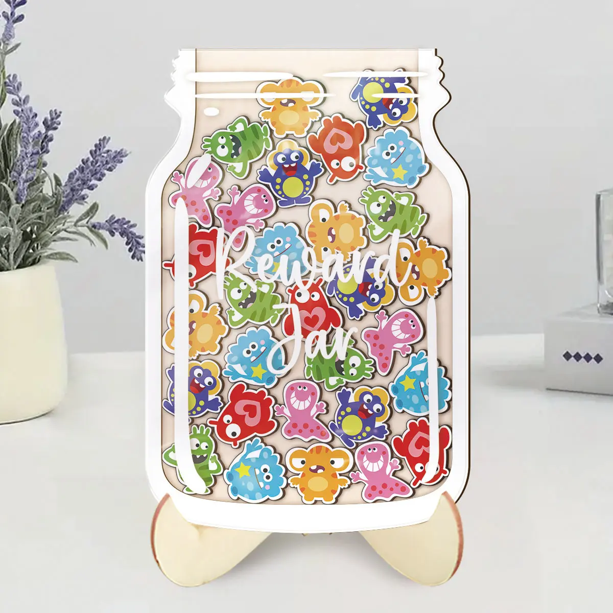 1 Set Reward Jar Wooden Reward Jar with 30pcs Colorful Cute Little monsters Positive Behavior Achievement Encourage Reward System Teacher Classroom Behavior Management Tool Desk Decor Christmas Gift Party