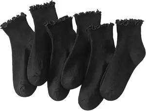 6 Pairs of Ruffle Socks Women, Cute Ruffle Ankle Socks, Size: US (5-9), Colour: Black