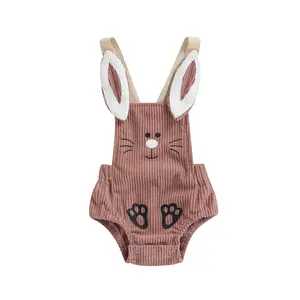 Baby Romper, Sleeveless Cartoon Rabbit Button Closure Corduroy Bodysuit for Girls Boys 0 3 6 9 12 Months