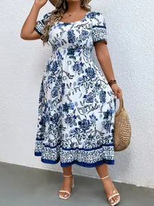Plus Size Square Neck Blue Floral Print Ruffle Hem Midi Dress, Elegant Casual Wear Long Sleeve A-Line Dress for Women