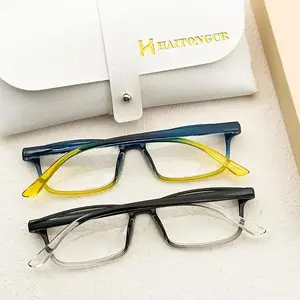 Fashionable rectangular reading glasses with gradient black and blue ultra-light frames, high-definition lenses, unisex, with glasses case and cloth