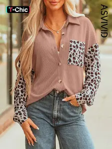 Women's Casual Elegant Leopard Print Patchwork Ribbed Western Style Shirt Jacket Coat with Chest Pockets, Long Sleeve Fall Fashion