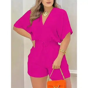 Women's Plain Drawstring Shirred Waist V Neck Romper, Casual Half Sleeve Zipper Back High Waist Romper for Summer, Fashion Lady Clothing for Daily Wear