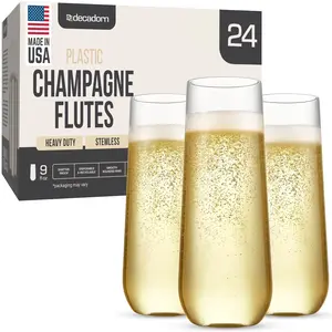 DECADORN Clear Stemless Champagne Flutes Plastic 24 Pack - 9oz Plastic Champagne Glasses - Durable and Sturdy Mimosa Glasses For Parties - Shatterproof, Recyclable, BPA-Free, Smooth Rims.