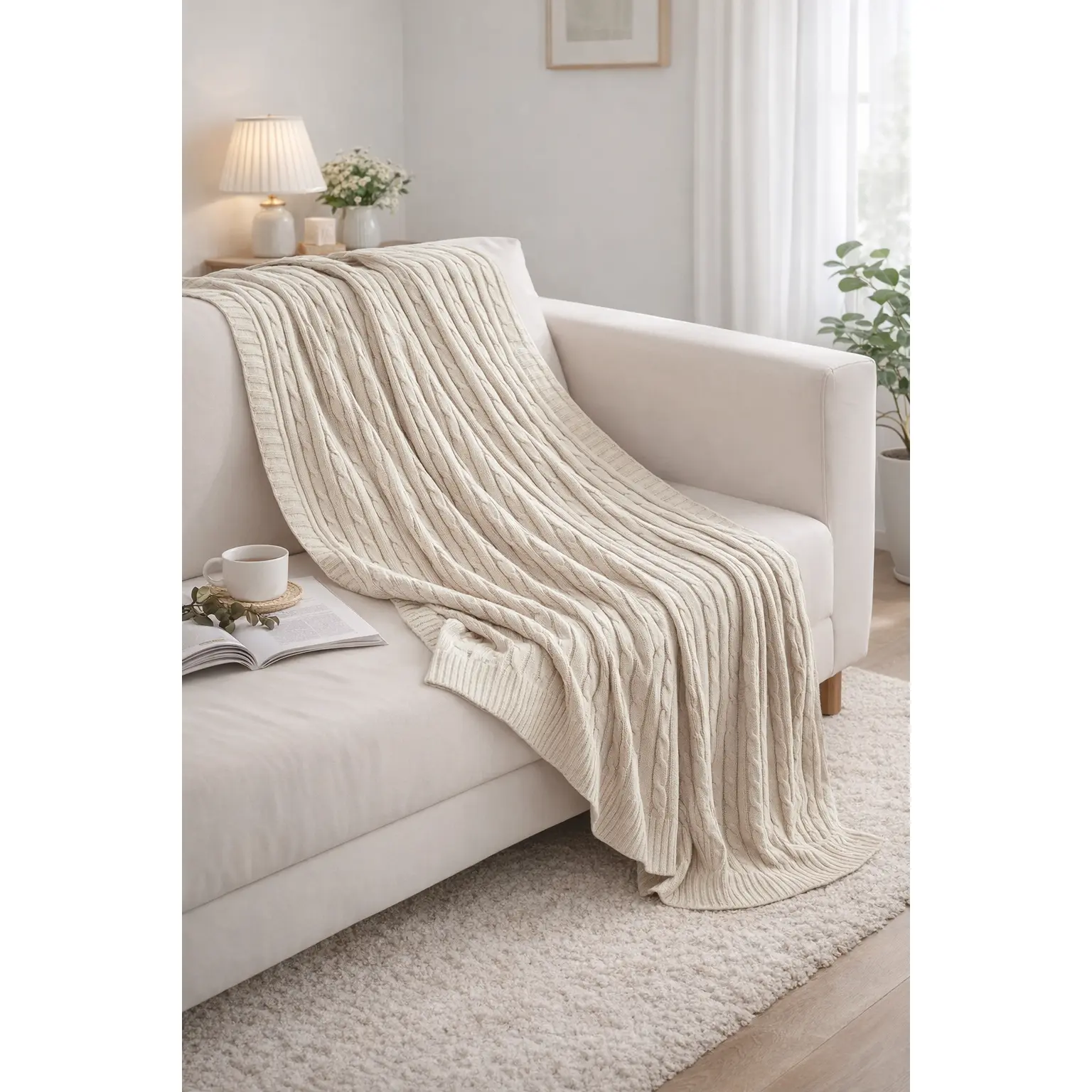 HTA Extra Cozy Cable Knit Cotton Blanket - 100% Pure Cotton, Super Soft, Warm, Breathable, Durable, Lightweight, Wrinkle Resistant, Stain Resistant, Solid Colors, Machine Washable (Use Non-Chlorine Bleach), Ideal for Couch & Bed, Mother’s Day Gift, Fade R
