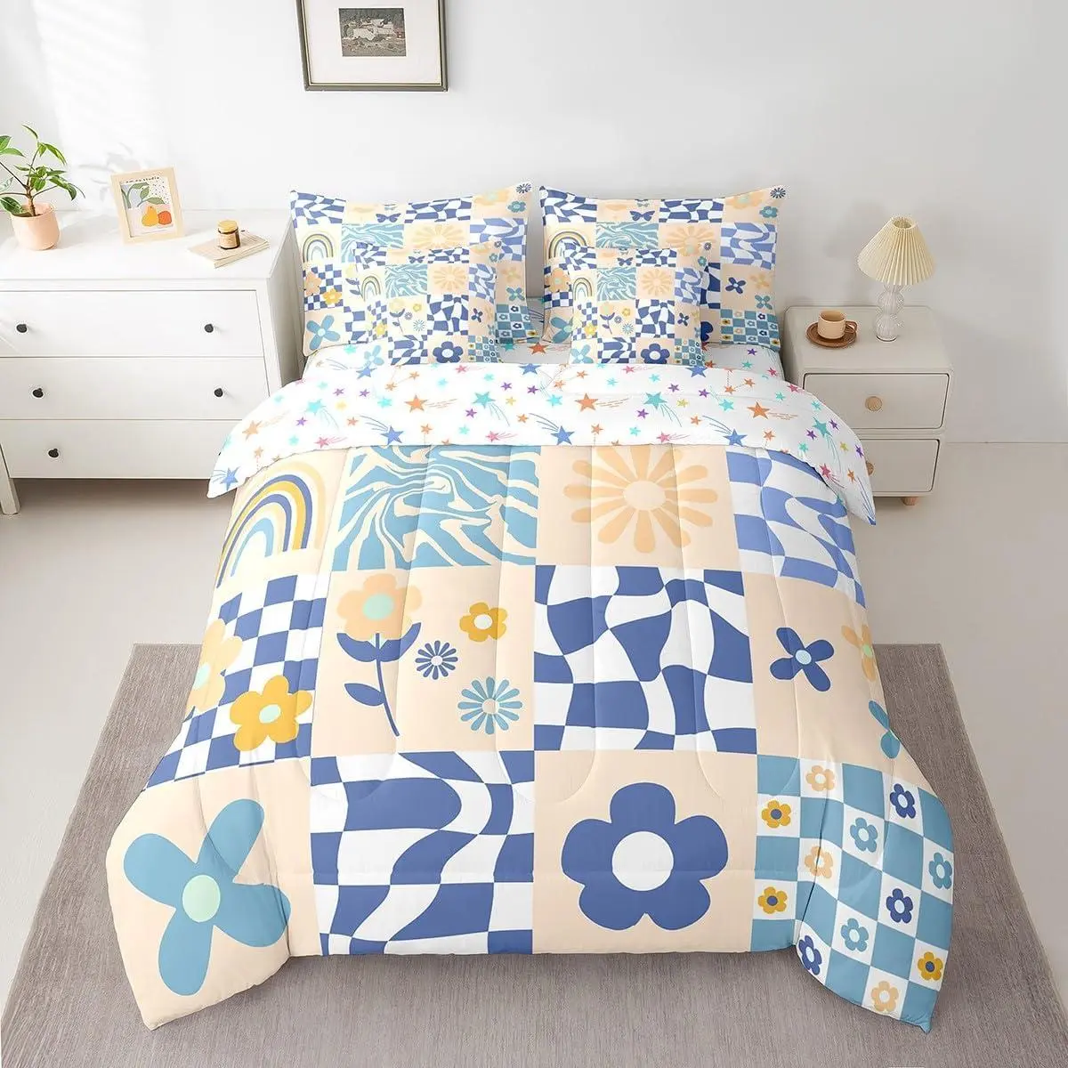 Retro Hippie Flower Bedding Set 60S 70S Groovy Floral Comforter Set 7 Pieces Geometric Vintage Abstract Botanical Bed in a Bag Blue Plaid Bed Set with Comforter,Sheet Set,Pillowcases