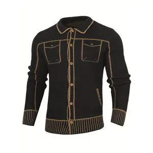 Trendy Men's Cardigan Classic Orange Stripe Jacket-Style Knitwear High Stretch Polyester Long Sleeve Casual Spring Fall Menswear - Fabric