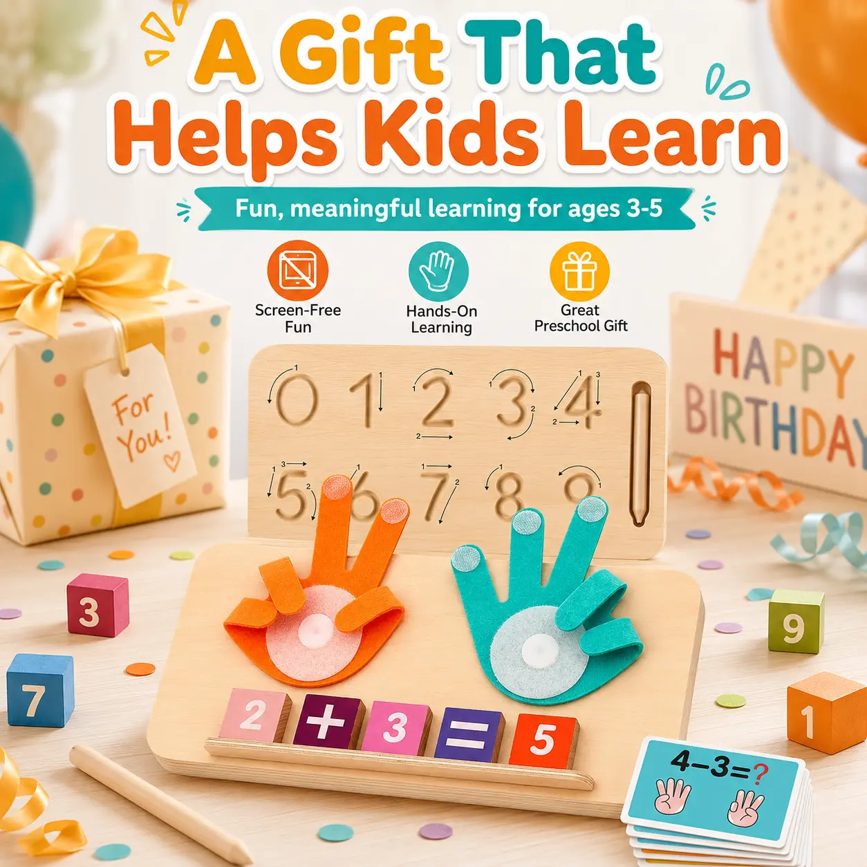 Montessori Wooden Learning Toy, Interactive Math Counting Board with Number Tracing, Addition-Subtraction Cards & Counting Blocks, Preschool Educational Gifts for 3-5 Year-Old Toddlers