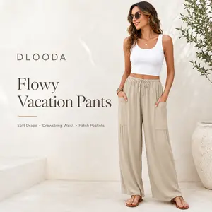 DLOODA Women's Flowy Wide-Leg Bottoms, Drawstring Palazzo Harem Pants with Pockets - Casual Machine Wash Clothes for Beach Vacations, Bottom
