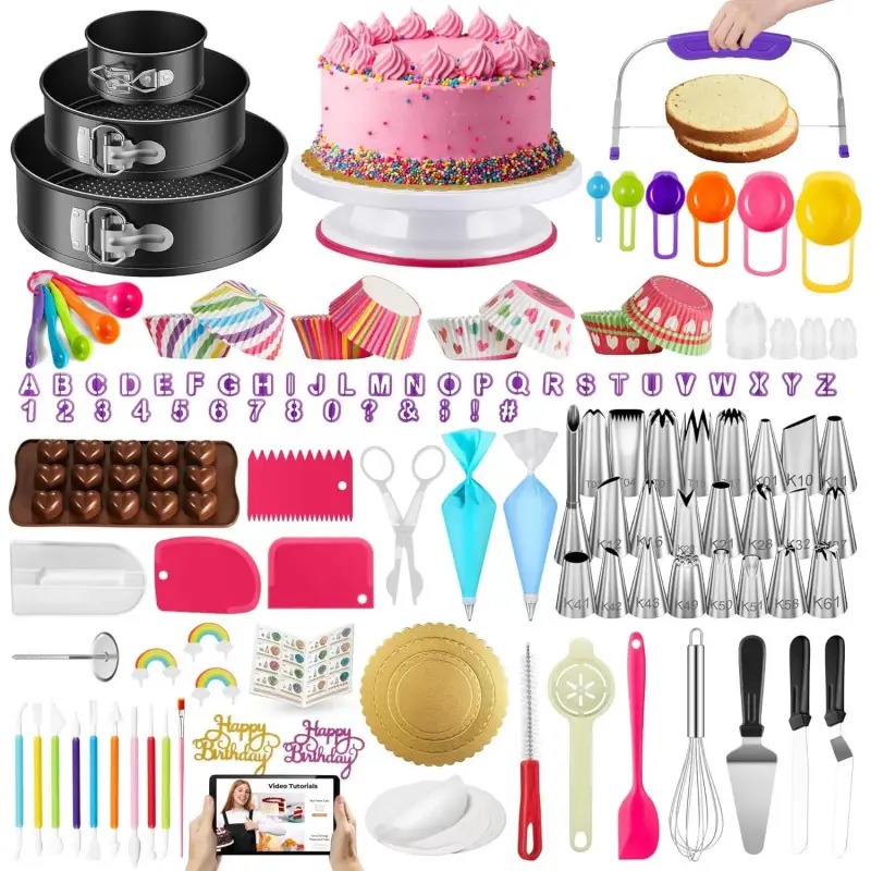 700-Piece Cake Decorating Set with Springform Pans, Rotatable Cake Turntable, Piping Tips, Pastry Bags, Circle & Flower Toppers, and Essential Baking Supplies for Home & Festive Party Use