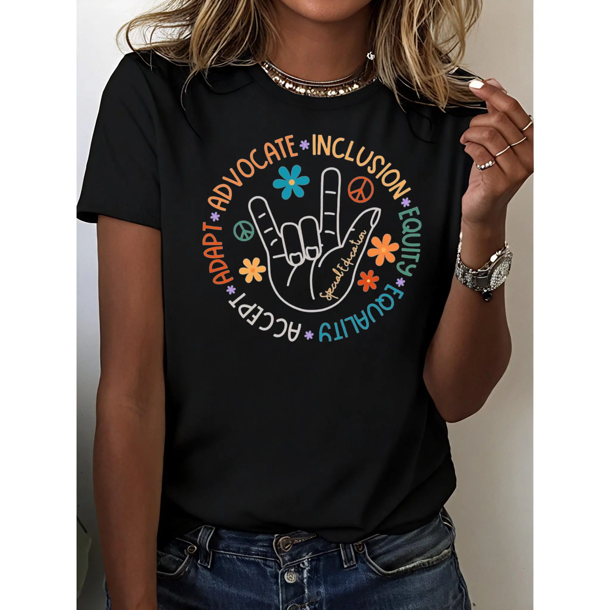 Women's 100% Cotton T-Shirt, Short-Sleeve Graphic Top with Round Neck, Special Education Teacher Inclusion Gift, Casual Everyday Wear Style