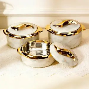 White Marble Pattern Food Warmer Set, 3-Piece Modern Stainless Steel Insulation Sand Pan Set with Lid, Buffet Serving Bowl, Heat-Resistant Baking Tray, Insulation Casserole Storage Tank Storage Bottle Cans