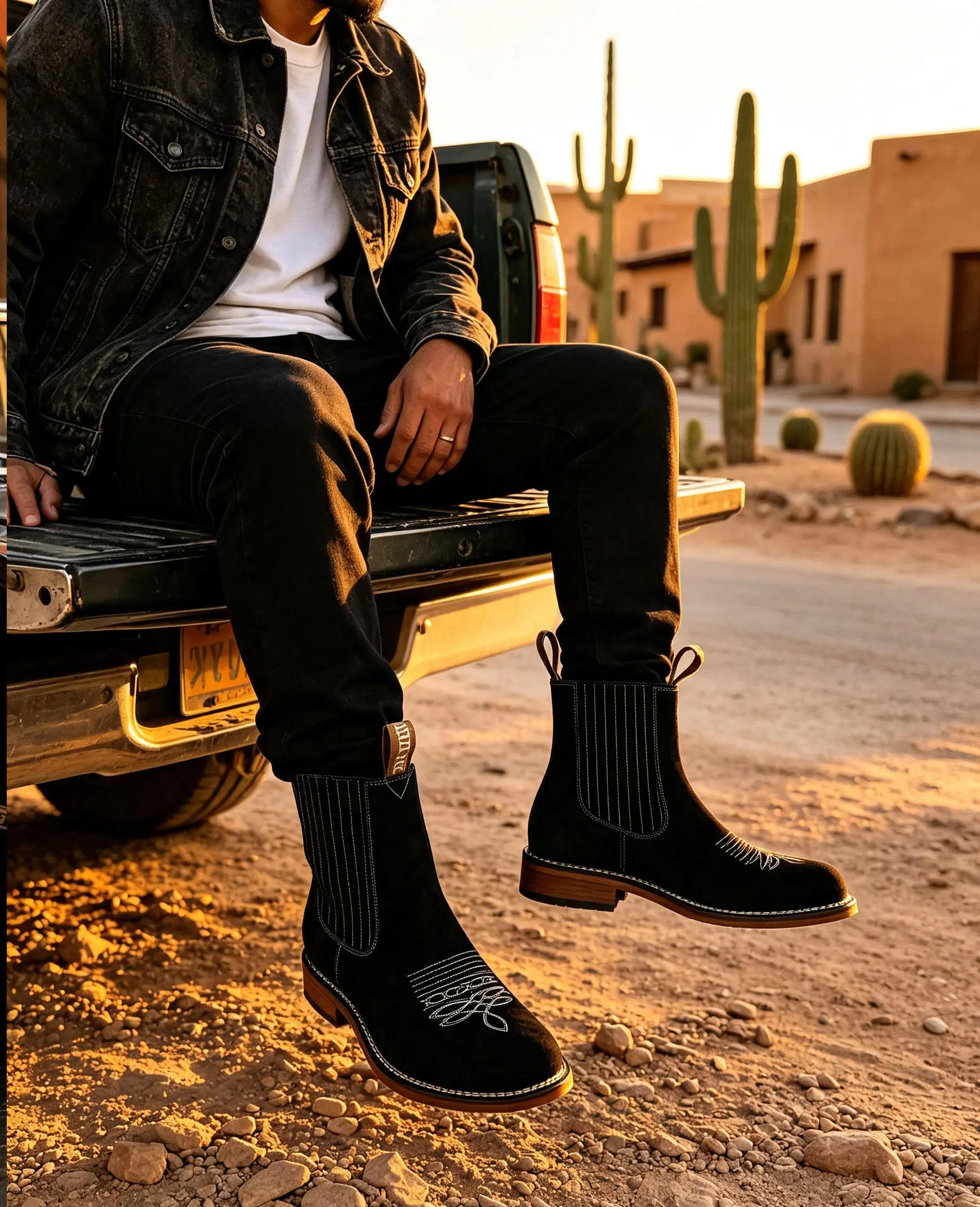 KVONE new black men’s ankle boots—embroidered square-toe Chelsea-style short boots suitable for classic street style, work, and casual occasions; comfortable everyday walking shoes for all seasons.