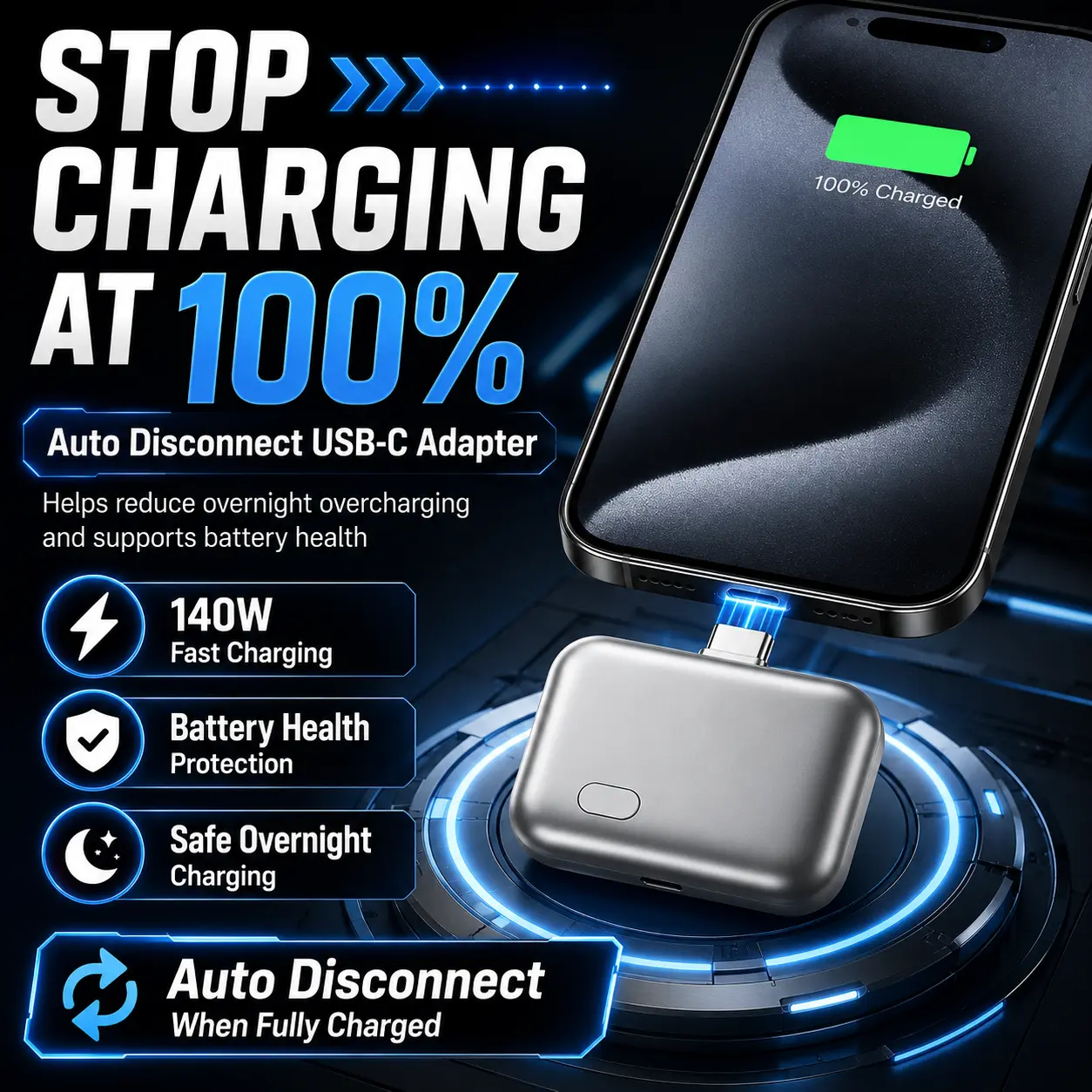 140W Auto-Eject USB C Charger Adapter, Physical Disconnect Fast Charging Block, Smart Battery Health Protector, Automatic Pop Out Type-C Power Plug for Cell Phones Laptops Tablets, Anti-Overcharge Wall Charger for Travel safety protection