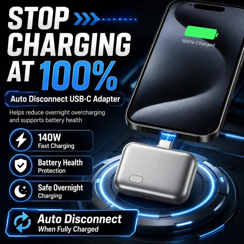 140W Auto-Eject USB C Charger Adapter, Physical Disconnect Fast Charging Block, Smart Battery Health Protector, Automatic Pop Out Type-C Power Plug for Cell Phones Laptops Tablets, Anti-Overcharge Wall Charger for Travel safety protection