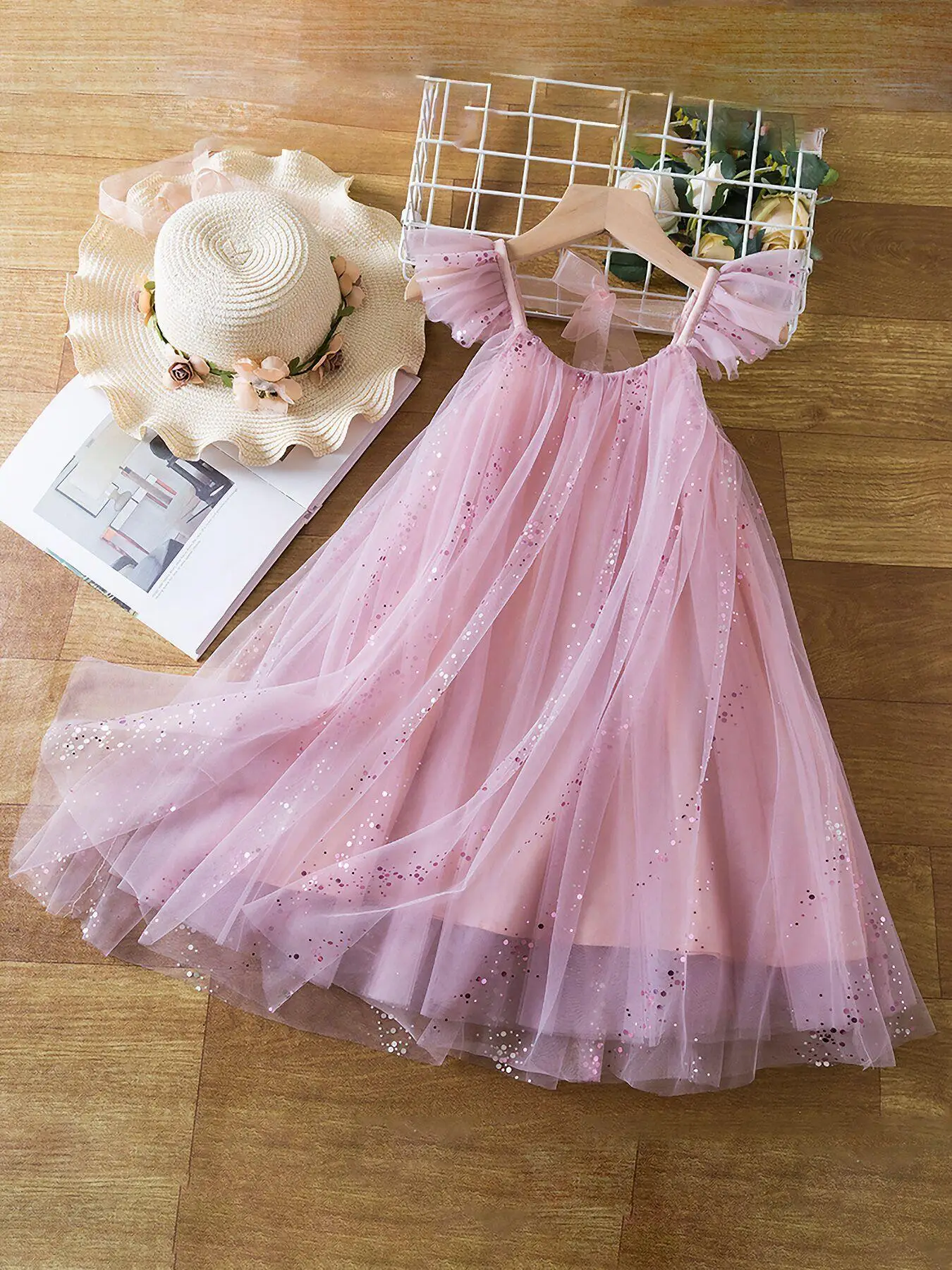 Girl's Glitter Sequin Decor Butterfly Sleeve Tulle Dress, Cute Cap Sleeve Round Neck Dress for Party Wedding Guest, Kids Summer Clothes