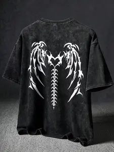 Unisex American Retro Devil Wings Print Short Sleeve Round Neck T-Shirt, High Street Dark Style Streetwear Loose Fit, Water Washed Gradient Texture, Casual Daily Wear