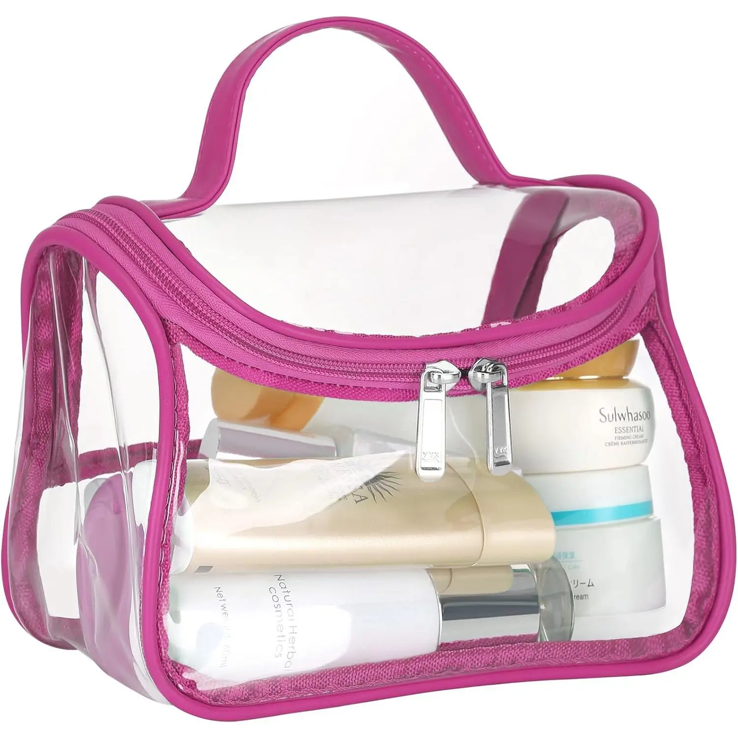 Heavy Duty Clear  Bag  Transparent Travel Makeup Toiletry Organizer Bag (Rose Pink)