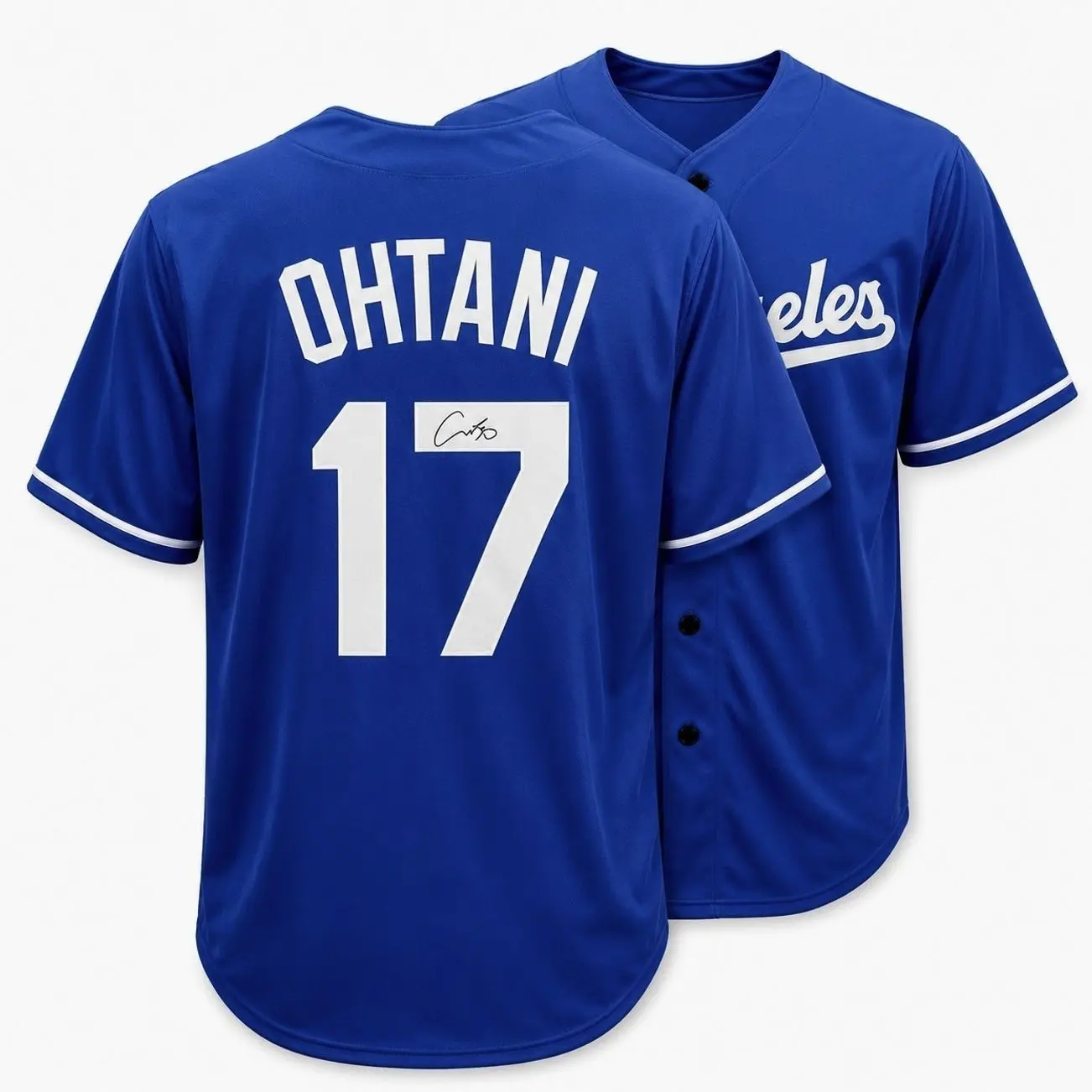 All-over Print Baseball Jersey Without Piping, Royal Blue White Baseball Uniform, Ohtani #17 Facsimile Autographed Sports Fan Jersey 9