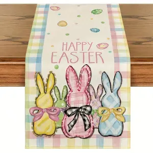 Happy Easter Pastel Plaid Bunny & Egg Design Table Runner for Festive Spring Holiday Decor All Seasons