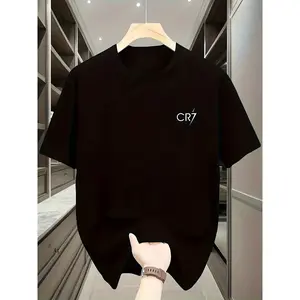 Men'S Casual Summer T-Shirt - "CR7" Graphic Print, Black Short Sleeve Tee with Golden Accents, Lightweight Polyester Blend for Casual Attire, Everyday Tshirt | Streetwear Style | Comfortable Fit