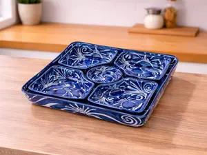 	Talavera Salsa Serving Set Mexican Ceramic Dip Tray Handmade Blue Chip & Dip Platter Cinco de Mayo Kitchen Decor Fiesta Entertaining Dish