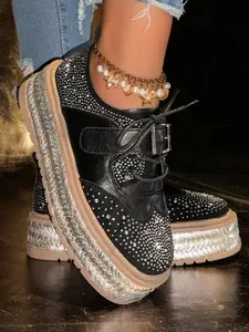 Women's Low Heel Casual Walking Shoes with Crystal Decoration, Woven Sole, Round Toe, Comfortable PU Leather, Fashionable All Season Footwear