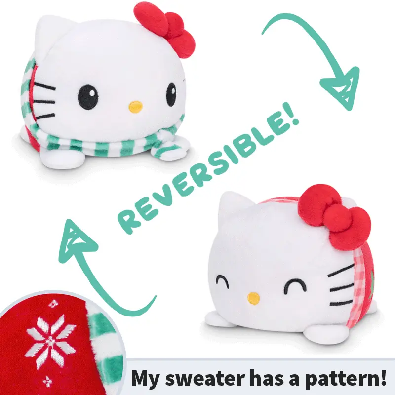 TeeTurtle Patented Reversible Hello Kitty Polyester Plushie - Holiday Sweater, Mood-Adjustable, 3.50" Tall, 4.25" Long Collectible Toy