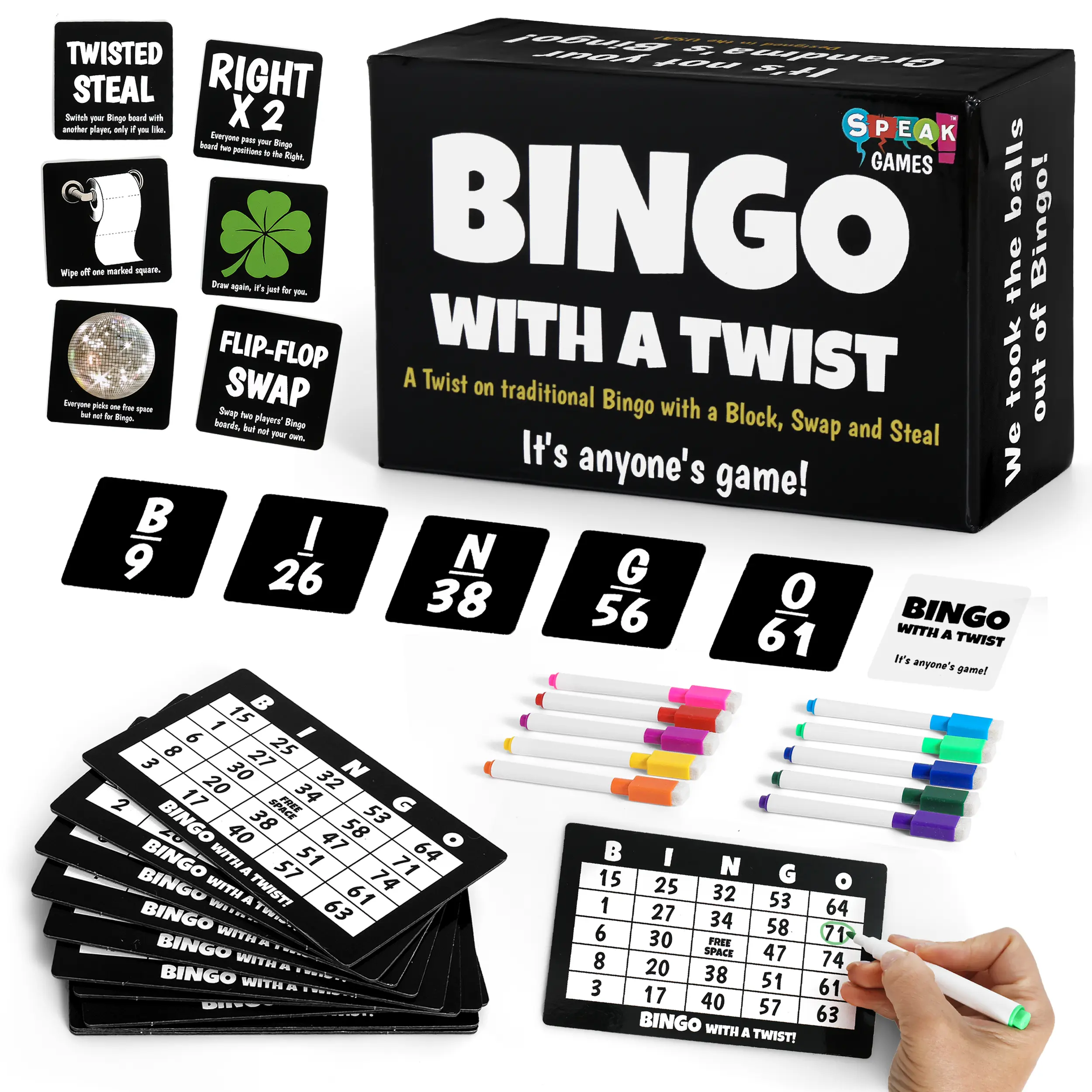 Bingo with a Twist - Family Edition Party Game with Unique Action Cards for Block Swap and Steal Fun for All Skill Levels Easy to Learn and Play Great Gift Idea for Game Lovers