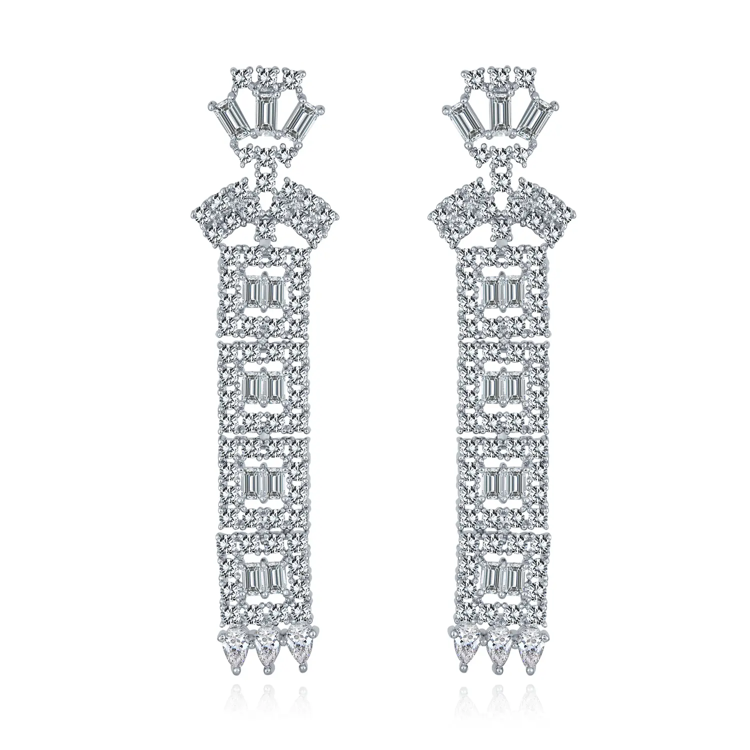 Elegant Bridal Cubic Zirconia CZ Linear Art Deco Statement Asian Motif Column Chandelier Earrings