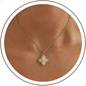 14K Gold Plated Four Leaf Clover Necklace for Women, Adjustable 18"+2" Chain, Colorful CZ Pendant Lucky Charm Choker, Hypoallergenic Sterling Silver Jewelry Gift for Her