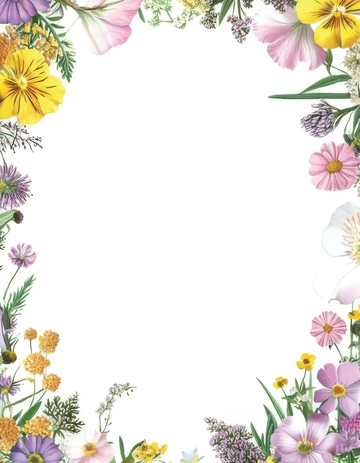 Flower Patch Printable Letterhead Stationery Paper - 50 Sheets 8.5" x 11" Decorative Writing Paper - Floral Border Letter Paper - 28lb Bond (105gsm) for Spring Letters Invitations Announcements Events
