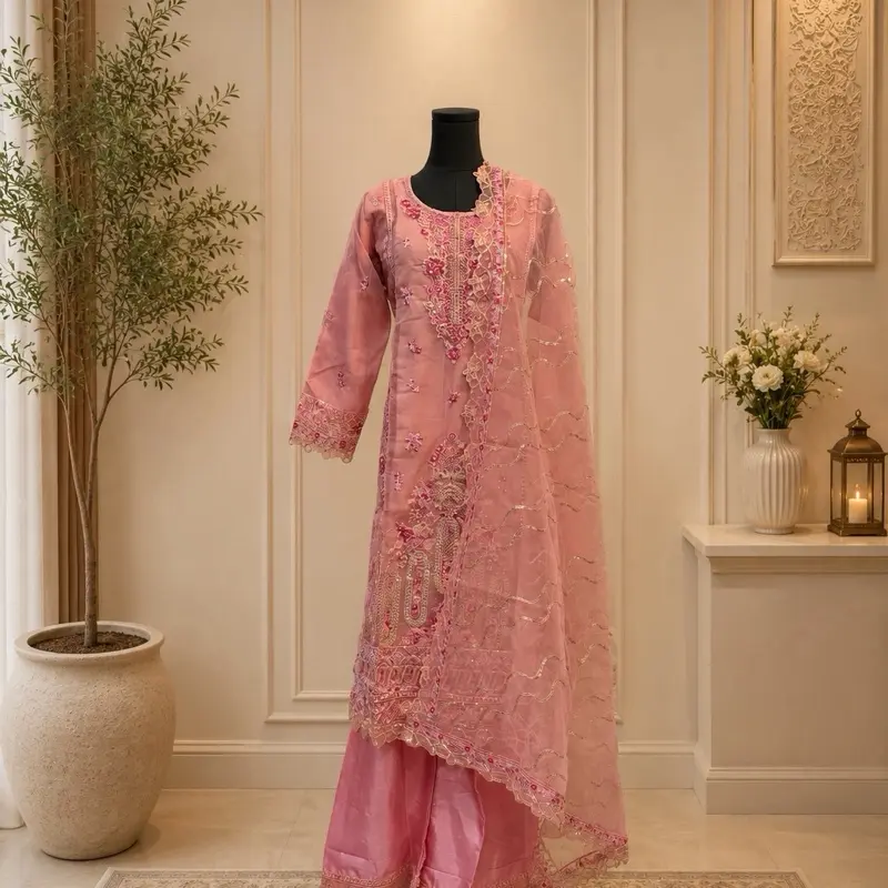 Pakistani dress designer by AJHANOOR 3-Piece Stitched Suit fabric is organza scarf material organza ready-to-wear nature of the outfit.