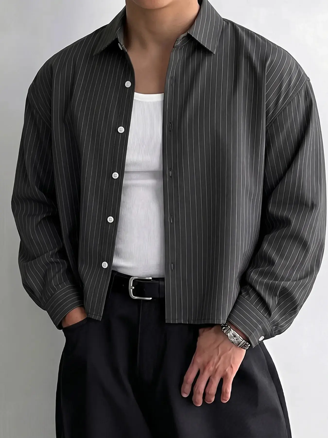 INCERUN Men's Fashion Simple Striped Design Long Sleeve Shirt, Casual Button Collared, Suitable for Daily Wear, Stylish and Comfortable