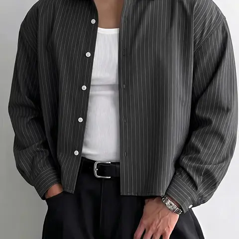 INCERUN Men's Fashion Simple Striped Design Long Sleeve Shirt, Suitable for Daily Wear, Stylish and Comfortable, Inspired Shirt